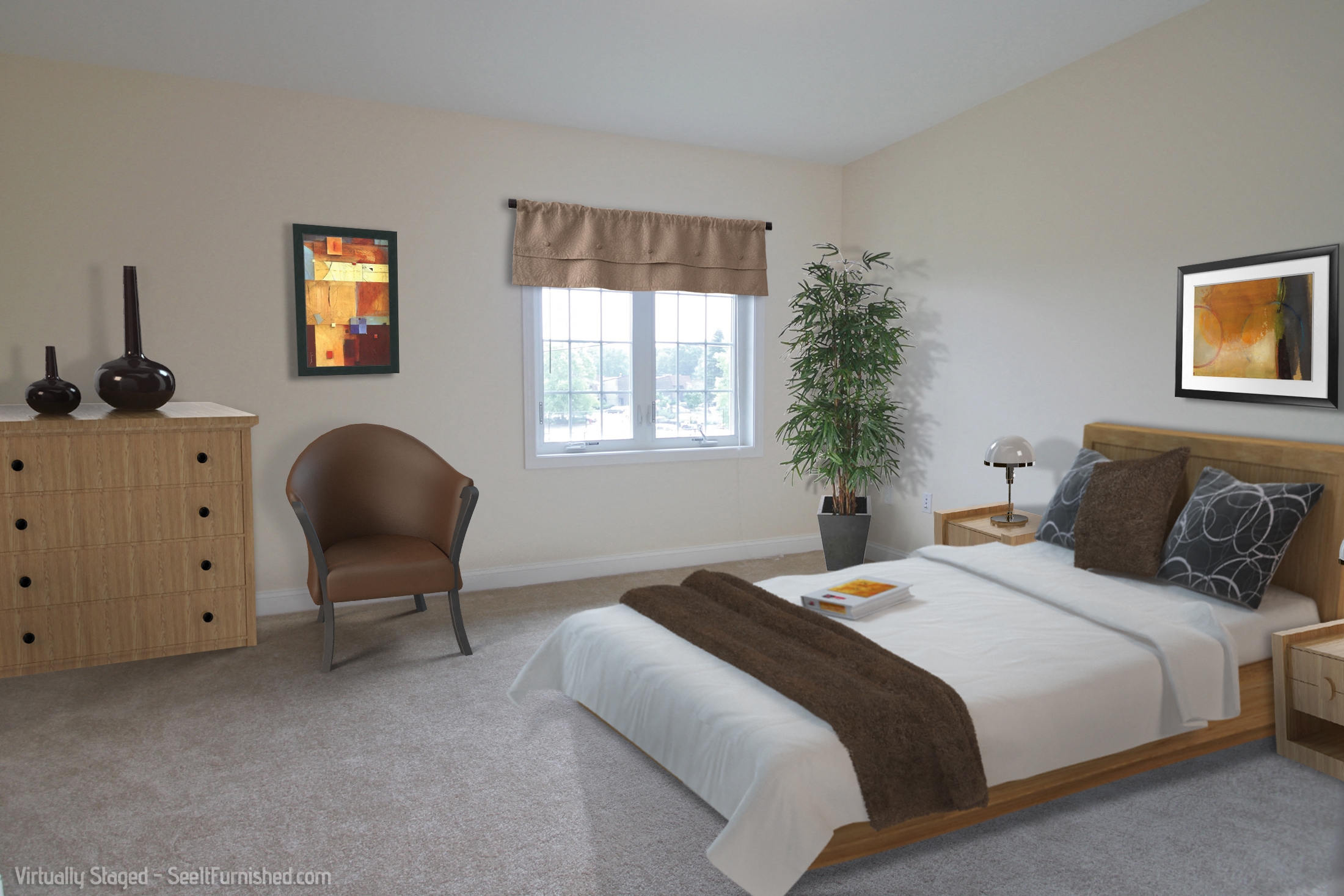 a bedroom with a bed and a dresser and a window