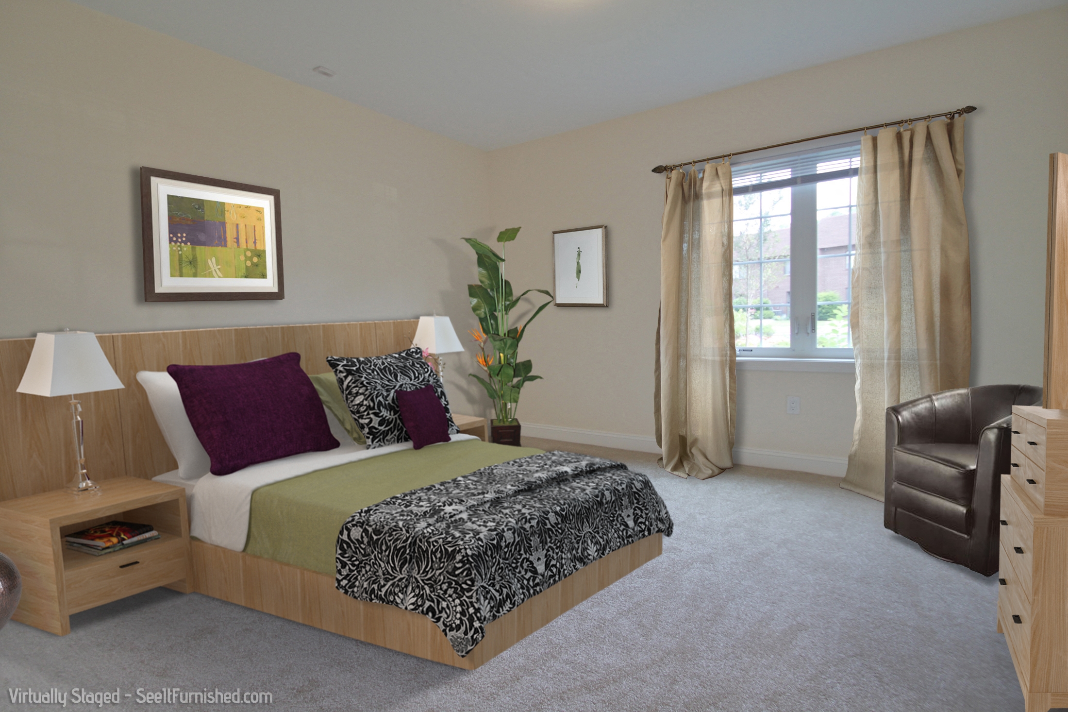 a bedroom with a bed and a chair and a window