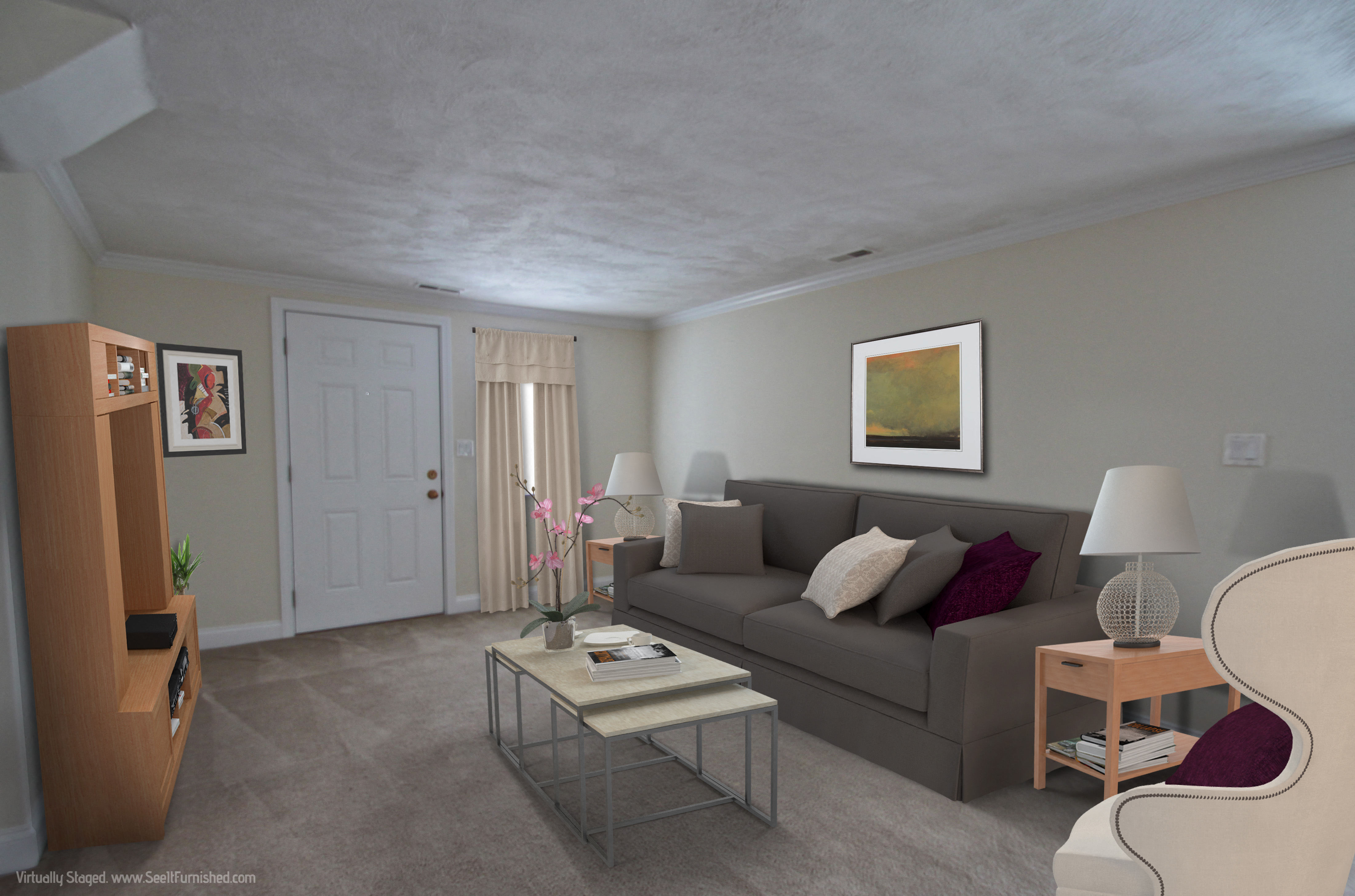 a living room with a couch and a coffee table