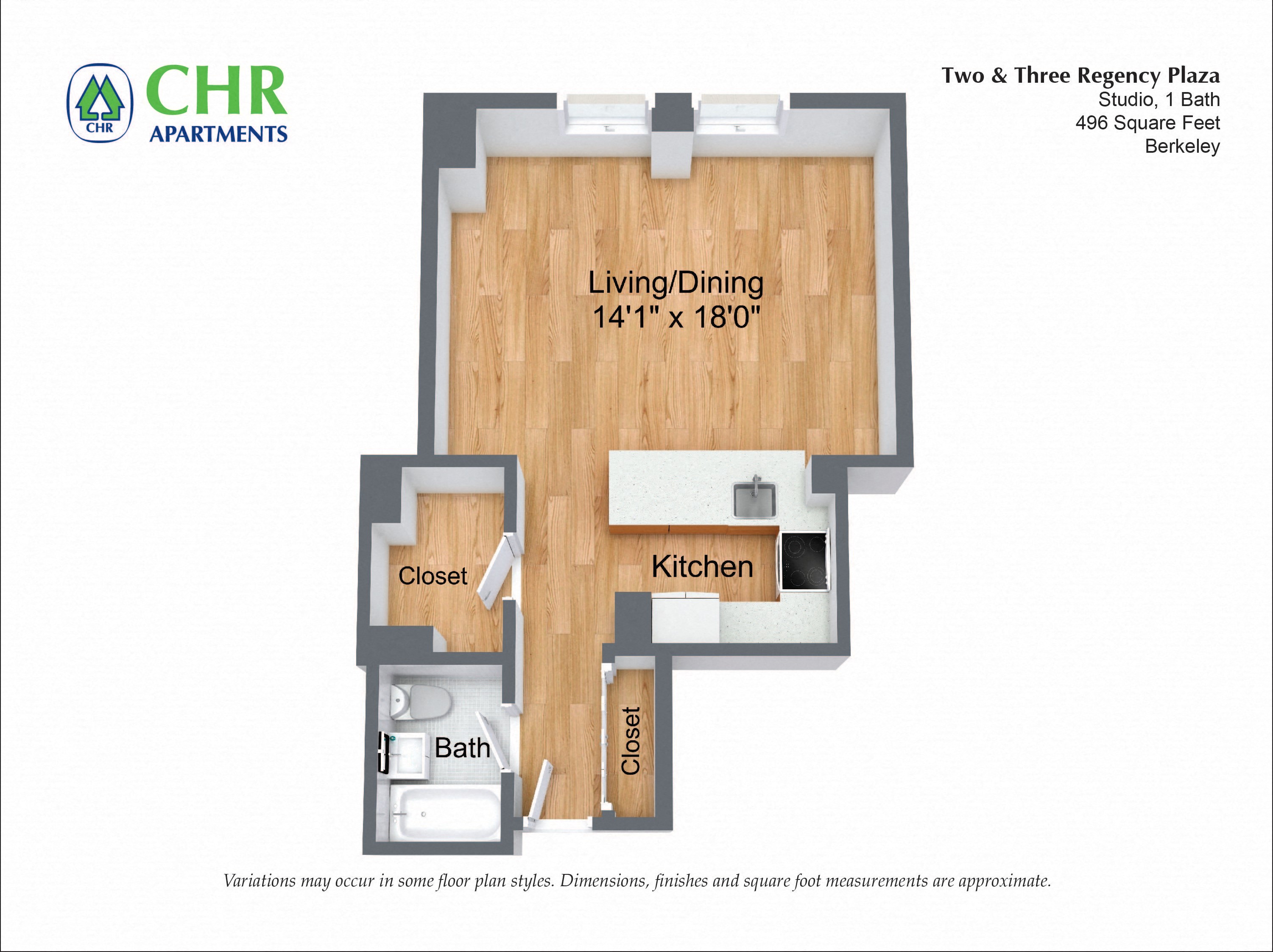 Studio/1 Bath with Full Kitchen