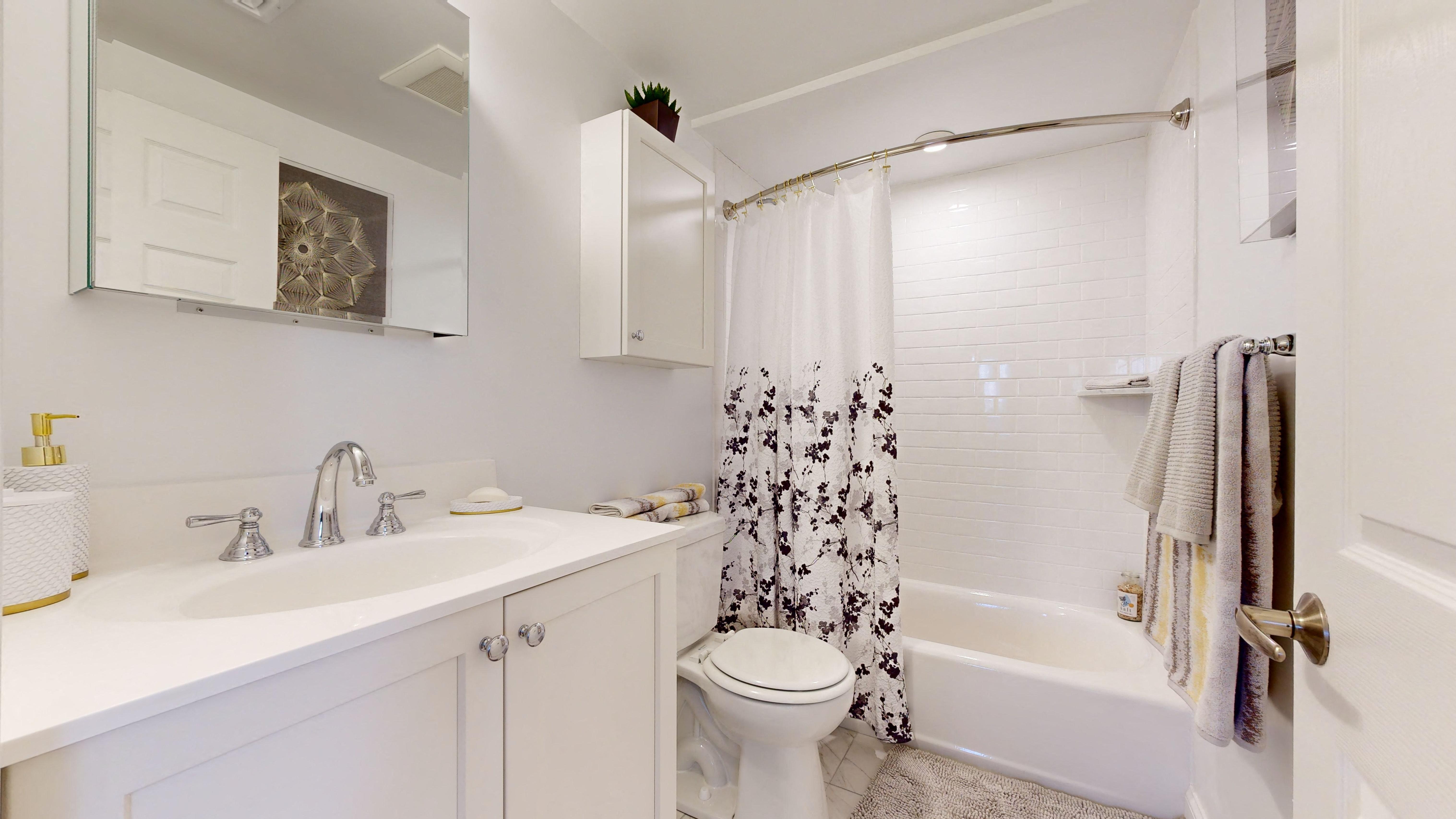 a bathroom with a shower toilet and sink and a bath tub