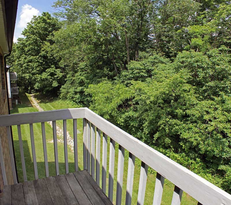 a view of the woods from the balcony of a house