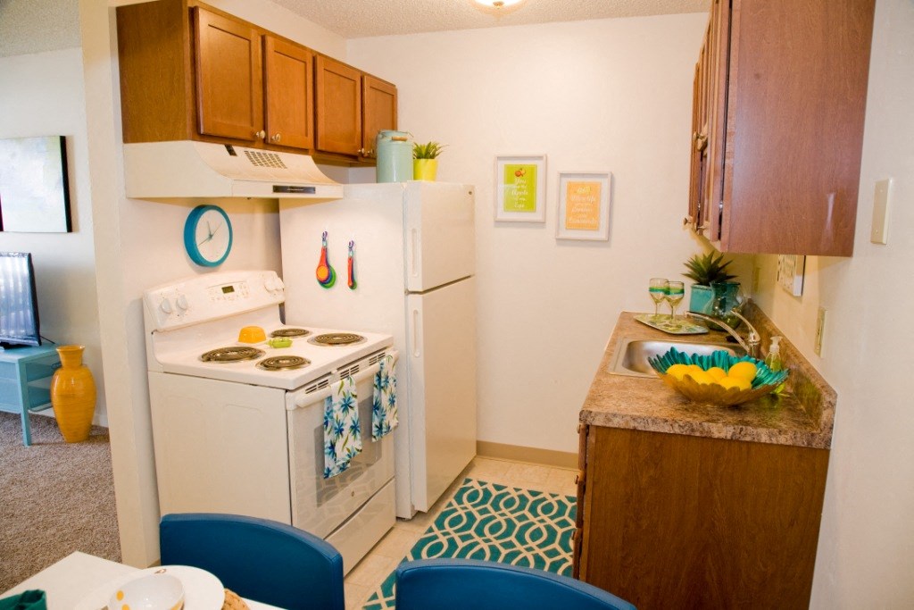 a kitchen with a stove refrigerator and a sink