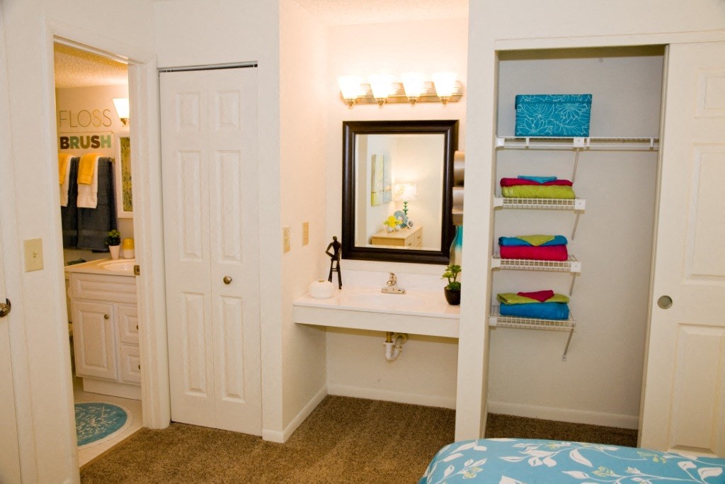 a bedroom with a sink and a mirror and a closet