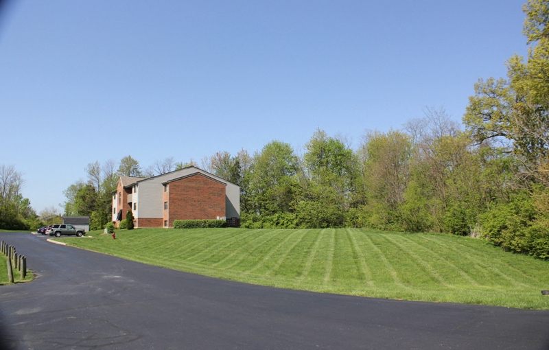a house on the side of a road with a grass field