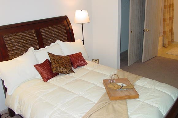 a bed with pillows and a tray on top of it