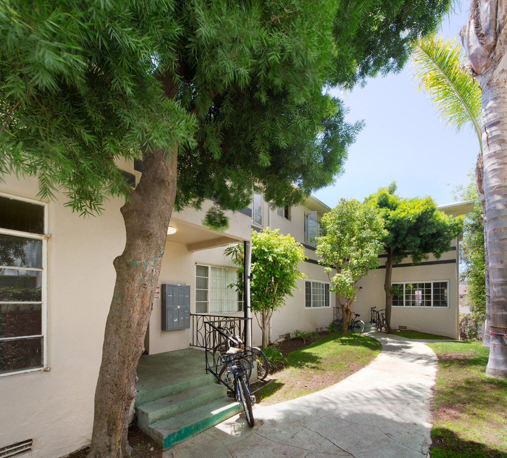 a house with a sidewalk and trees in front of it