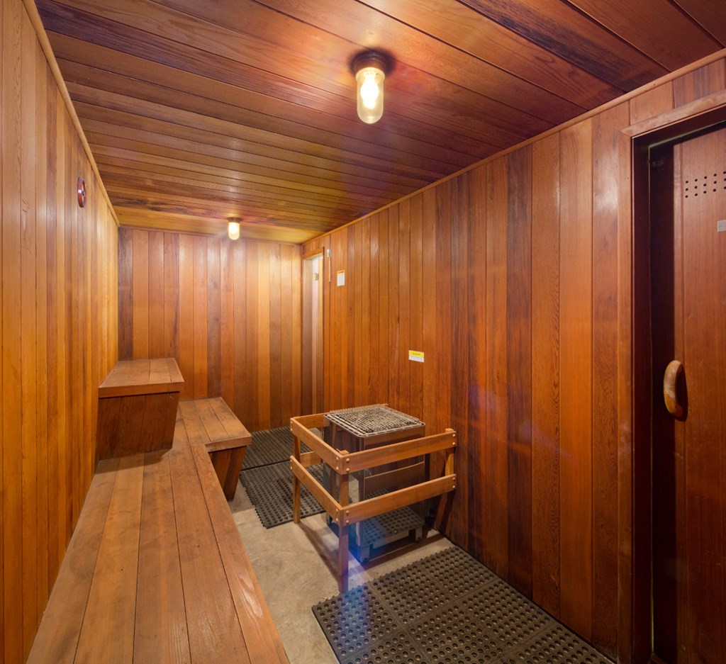 a wooden steam room with two benches and a door