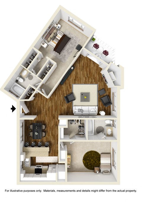 2 bed 2 bath floor plan C at Darlington Apartments, Los Angeles, 90049