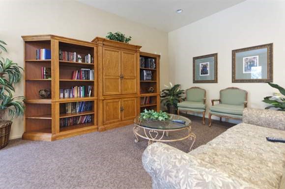a living room with a couch and a book shelf