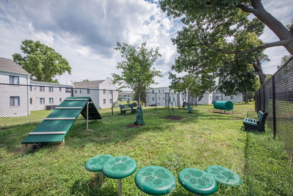 a yard with a green playground and benches