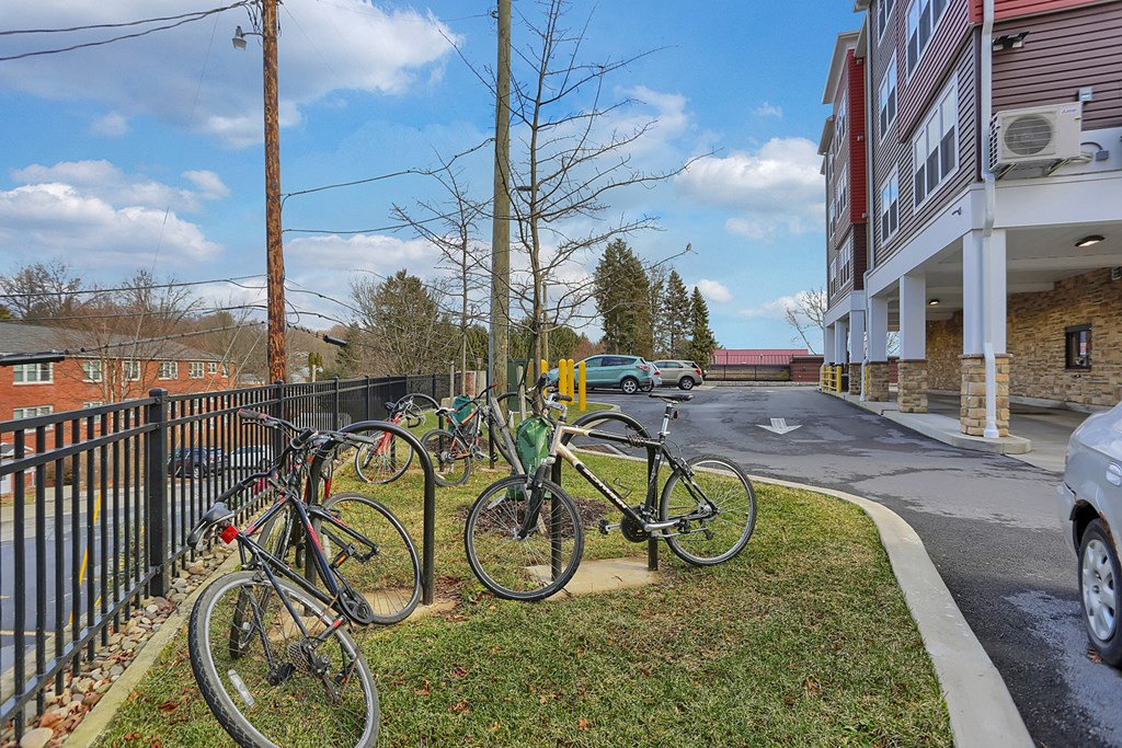 a row of bikes parked on the curb of a street