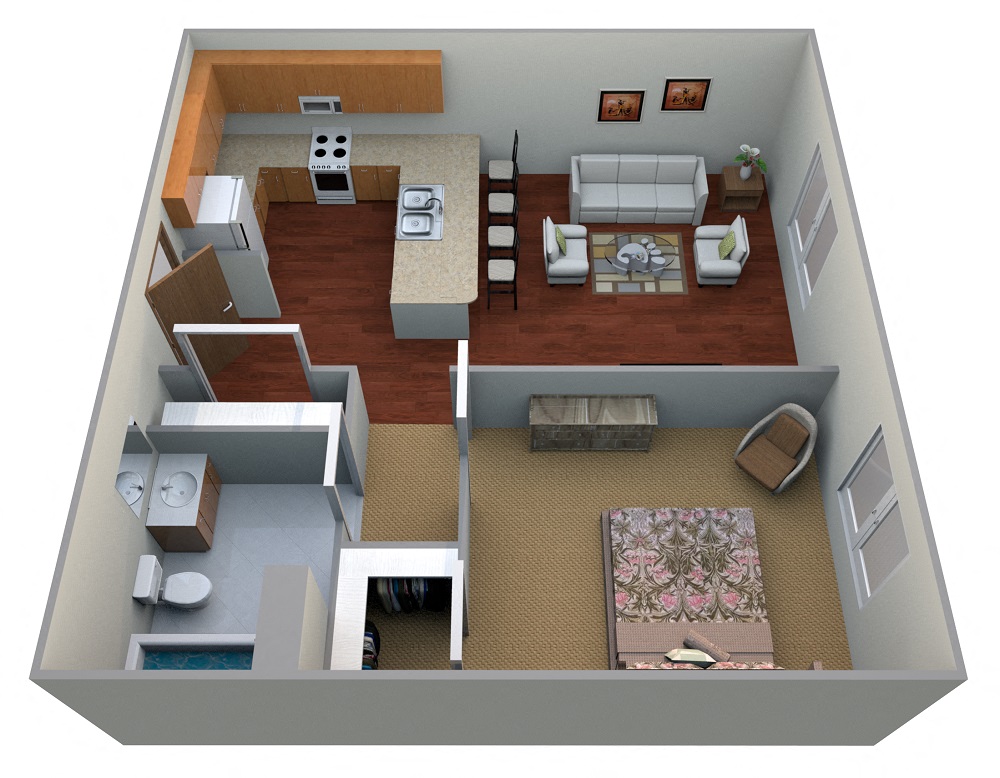 1 Bed 1 Bath Floor Plan at Timber Ridge Apartments, Bemidji, Minnesota