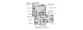 A three bedroom, two bathroom apartment floor plan at Bellwether Apartments