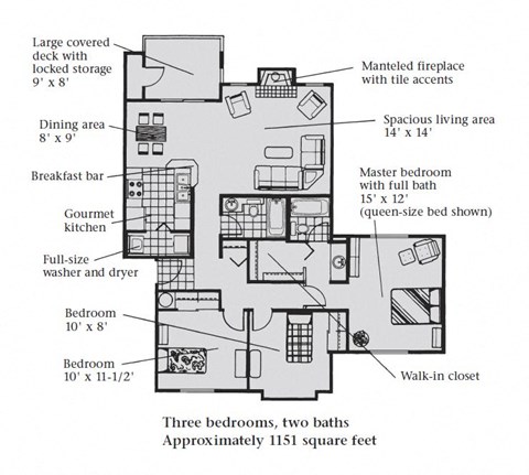 A three bedroom, two bathroom apartment floor plan at Bellwether Apartments