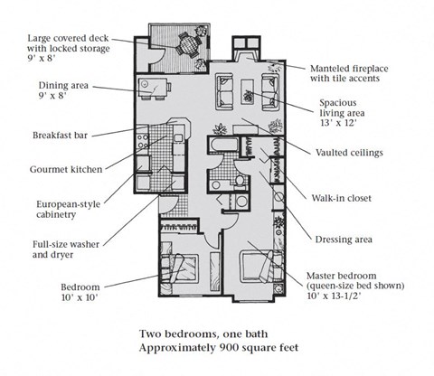 A two bedroom, one-and-a-half bathroom apartment floor plan at Bellwether Apartments
