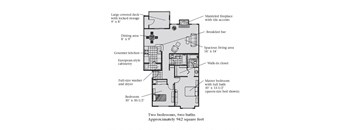 A two bedroom, two bathroom apartment floor plan at Bellwether Apartments