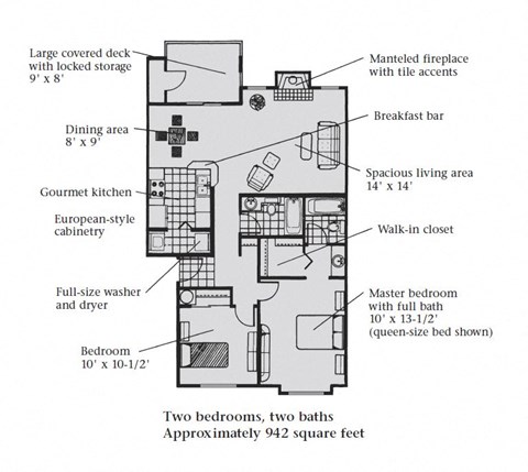 A two bedroom, two bathroom apartment floor plan at Bellwether Apartments