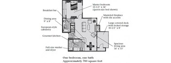 A large one bedroom, one bathroom apartment floor plan at Bellwether Apartments