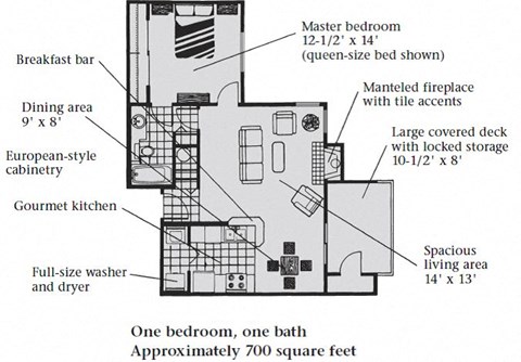 A large one bedroom, one bathroom apartment floor plan at Bellwether Apartments