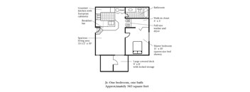 A small one bedroom, one bathroom apartment floor plan at Bellwether Apartments