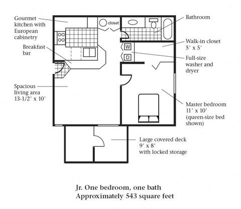 A small one bedroom, one bathroom apartment floor plan at Bellwether Apartments