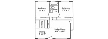 A two bedroom, one bathroom apartment floor plan with a fireplace at Mondrian Colorado Apartments in Denver, Colorado