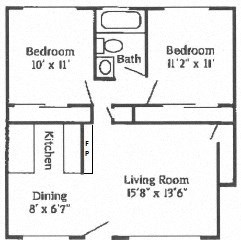 A two bedroom, one bathroom apartment floor plan with a fireplace at Mondrian Colorado Apartments in Denver, Colorado