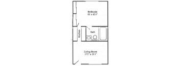 A one bedroom, one bathroom small apartment floor plan at Mondrian Colorado Apartments in Denver, Colorado