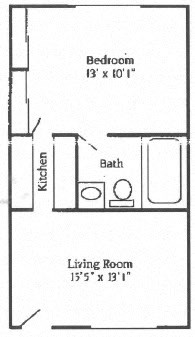 A one bedroom, one bathroom small apartment floor plan at Mondrian Colorado Apartments in Denver, Colorado