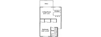 A one bedroom, one bathroom apartment floor plan with a patio at Mondrian Colorado Apartments in Denver, Colorado