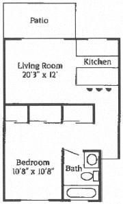 A one bedroom, one bathroom apartment floor plan with a patio at Mondrian Colorado Apartments in Denver, Colorado