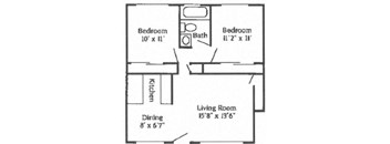 A two bedroom, one bathroom standard apartment floor plan at Mondrian Colorado Apartments in Denver, Colorado