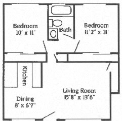 A two bedroom, one bathroom standard apartment floor plan at Mondrian Colorado Apartments in Denver, Colorado