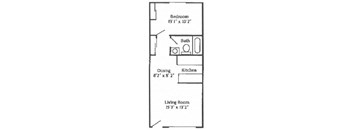 A one bedroom, one bathroom large apartment floor plan at Mondrian Colorado Apartments in Denver, Colorado