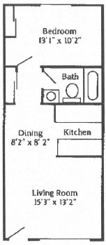 A one bedroom, one bathroom large apartment floor plan at Mondrian Colorado Apartments in Denver, Colorado