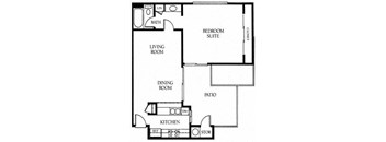 A one bedroom, one bathroom apartment floor plan at Meadow Creek Apartments in San Marcos, California