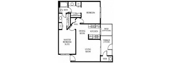 A two bedroom, one-and-a-half bathroom apartment floor plan at Meadow Creek Apartments in San Marcos, California
