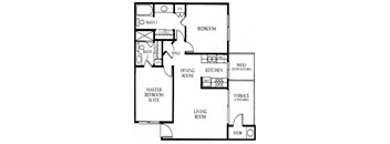 A two bedroom, two bathroom apartment floor plan at Meadow Creek Apartments in San Marcos, California
