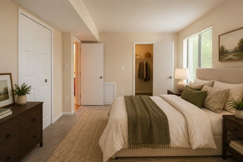 A bedroom with a bed, dresser, and mirror.