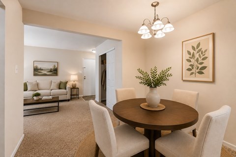A dining room with a round table and chairs.
