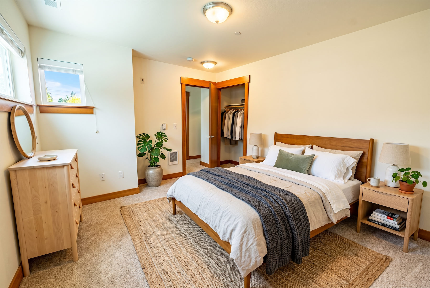 A bedroom with a bed, nightstand, and a plant.