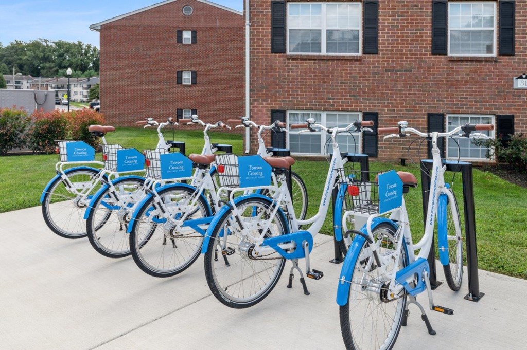 a row of blue bikes parked in front of a building