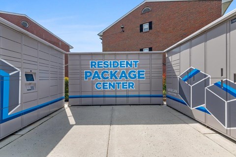the rental package center is located in the parking lot of a building