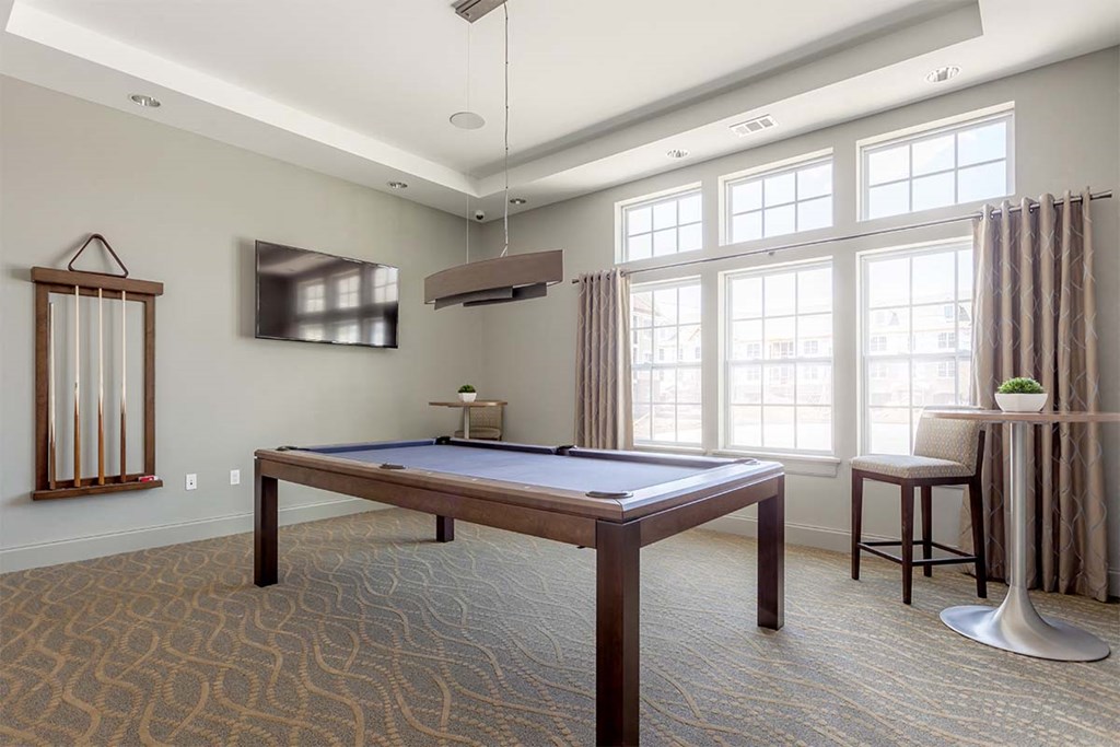 a games room with a pool table and a tv