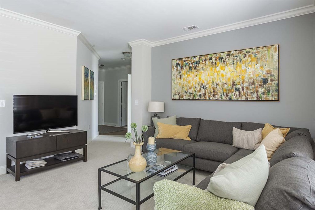 a living room with a couch and a television