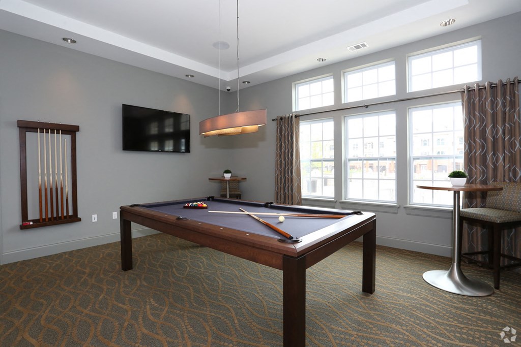 a games room with a pool table and a tv