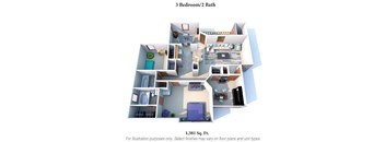 3 Bedroom 2 Bathroom Floor Plan at The Vinings Apartments, Cincinnati, Ohio