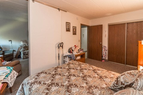 a bedroom with a bed and a desk and a closet