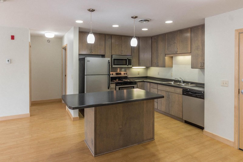 a large kitchen with stainless steel appliances and a black counter top